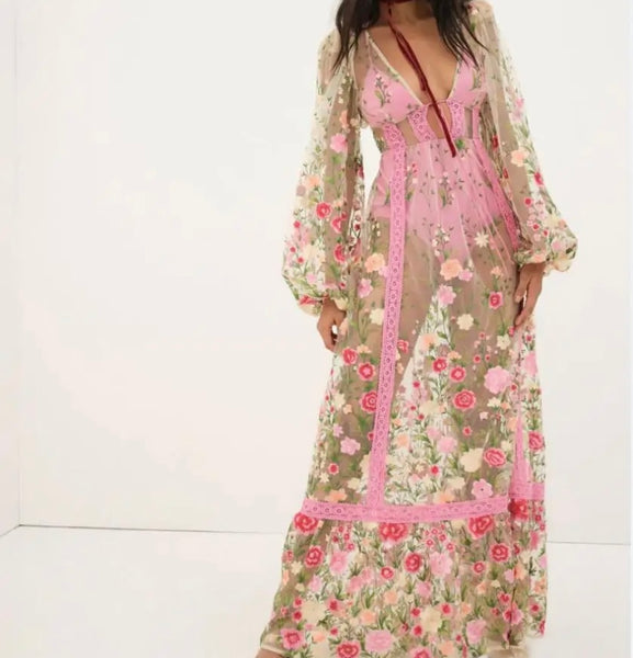 Women Sexy Mesh Floral Open Back Full Sleeve Maxi Dress