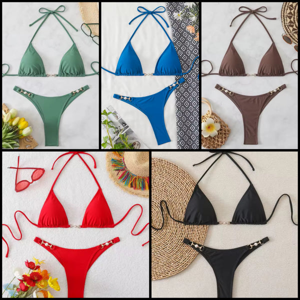 Women Sexy Halter Pearl Metal Bikini Swimsuit