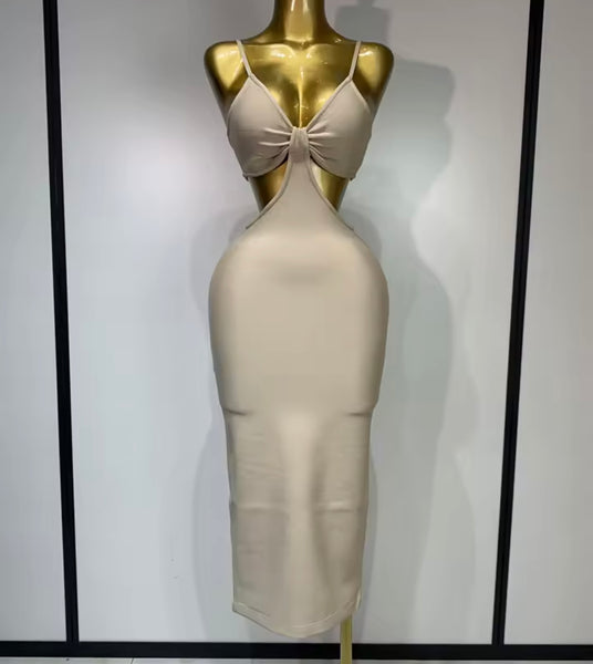 Women Sexy Sleeveless Khaki Cut Out Bandaged Maxi Dress