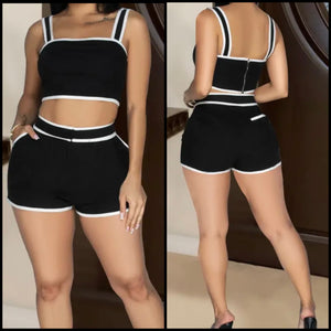 Women B&W Sexy Sleeveless Crop Two Piece Short Set