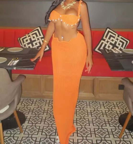 Women Sexy Sleeveless Orange Shells Two Piece Knitted Skirt Set