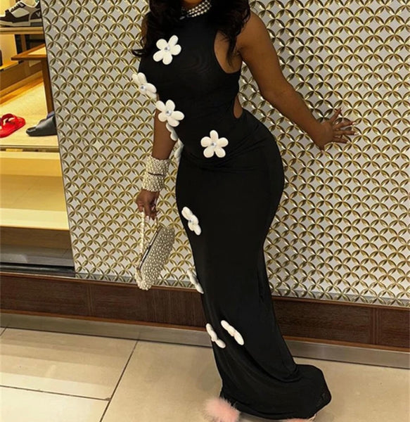 Women Sexy Sleeveless B&W Floral Maxi Dress