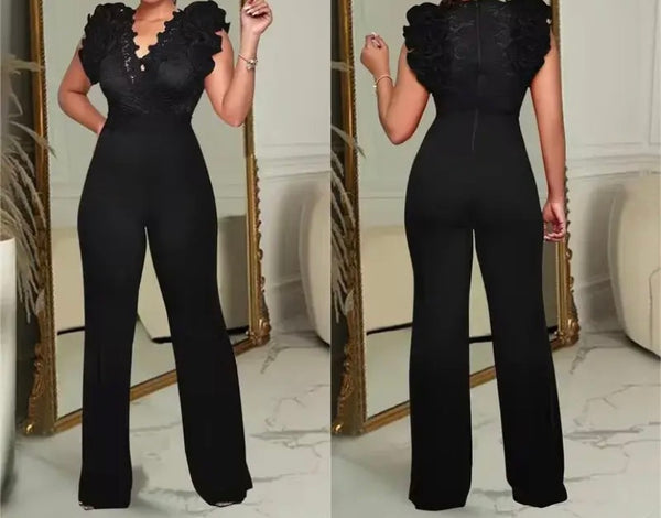 Women Sexy Color Ruffled Lace Patchwork Short Sleeve Jumpsuit