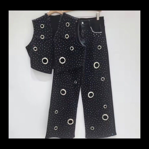 Women Fashion Black Bling Metal Ring Vest Two Piece Denim Pant Set