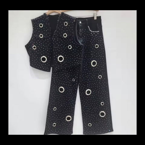Women Fashion Black Bling Metal Ring Vest Two Piece Denim Pant Set