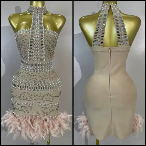 Women Sexy Halter Sleeveless Pearl Rhinestone Feather Dress