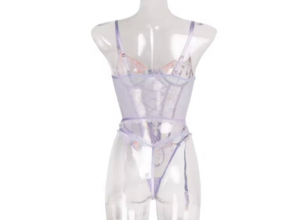Women Sexy Lavender Floral Mesh Lingerie Set