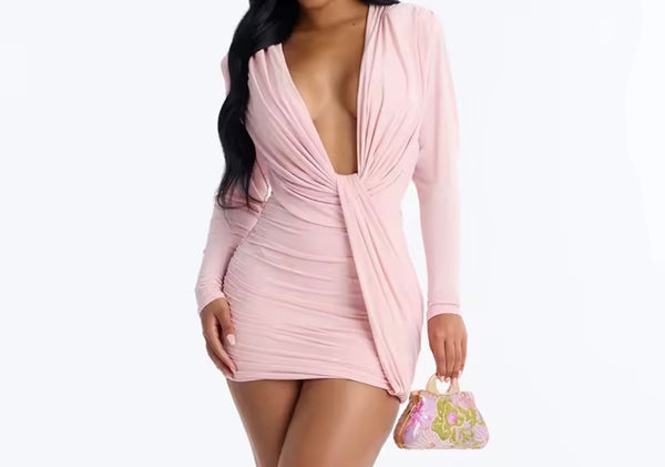 Women Sexy V-Neck Ruched Full Sleeve Dress
