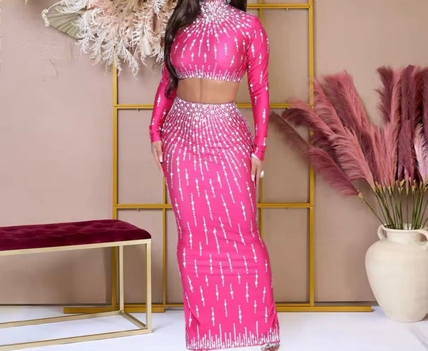 Women Sexy Bling Turtleneck Full Sleeve Crop Two Piece Maxi Skirt Set