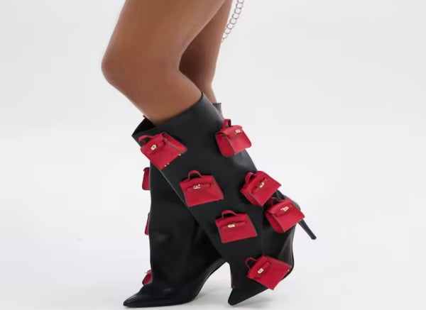 Women Fashion Black/Red Purse Patchwork Knee High Boots