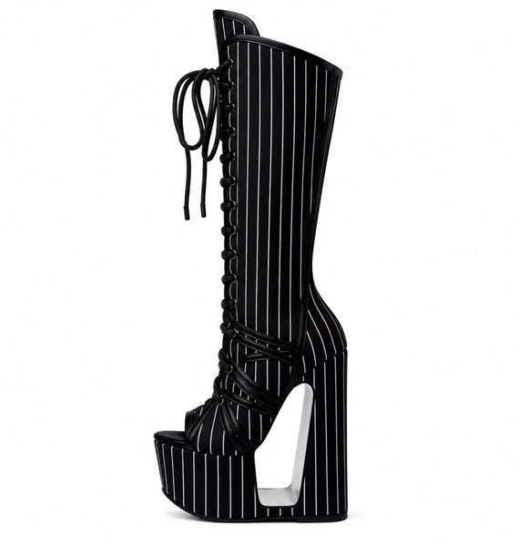 Women Fashion Striped Open Toe Platform Wedge Tie Up Boots
