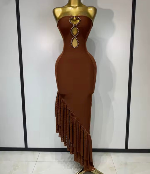 Women Brown Strapless Mesh Rhinestone Patchwork Dress
