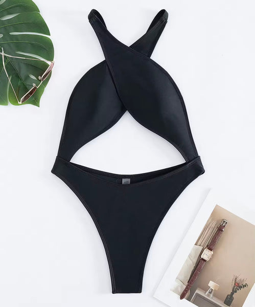 Women Sexy Solid Color Halter Hollow Out Swimsuit