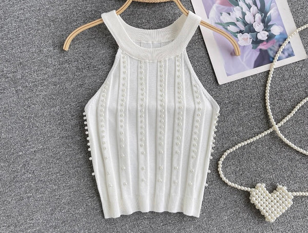 Women Fashion Sleeveless Pearl Crop Top