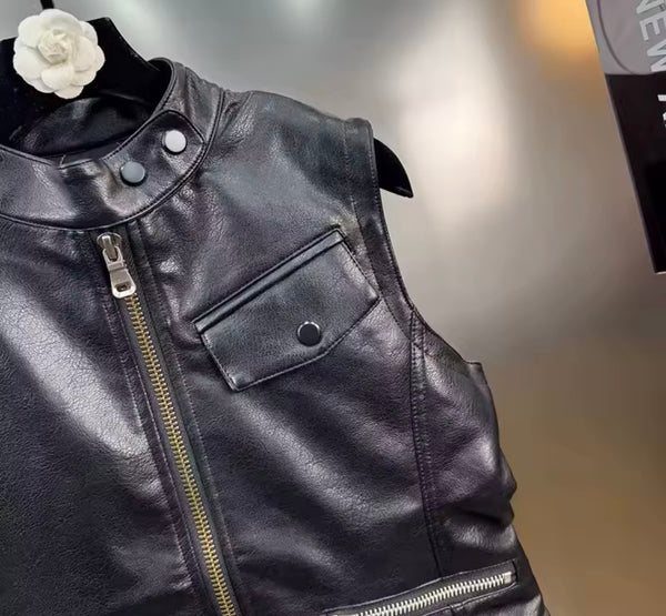 Women Sleeveless Fashion Faux Leather Black Vest Jacket