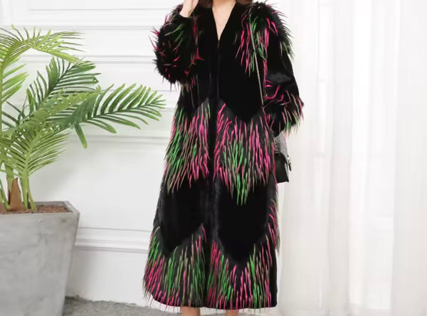 Women Fashion Multicolored Faux Fur Long Coat