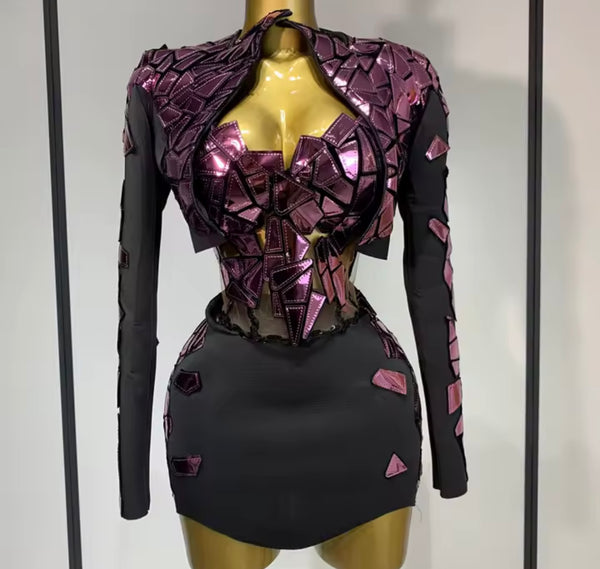 Women Sexy Metallic Color Patchwork Strapless Dress Jacket Set