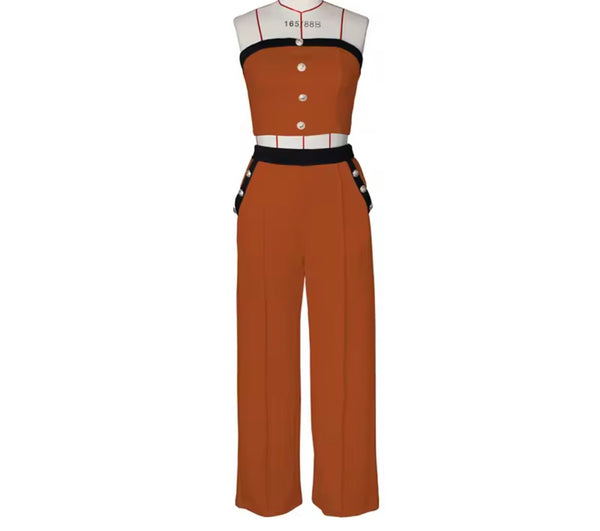 Women Sexy Button Up Strapless Color Patchwork Two Piece Pant Set