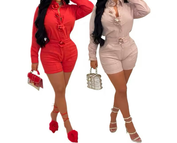 Women Floral Full Sleeve Solid Color Two Piece Short Set