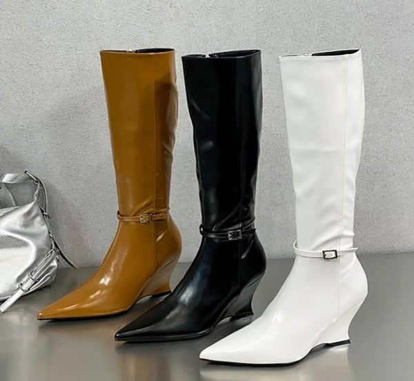 Women Fashion Pointed Toe Patent Leather Buckled Wedge Boots