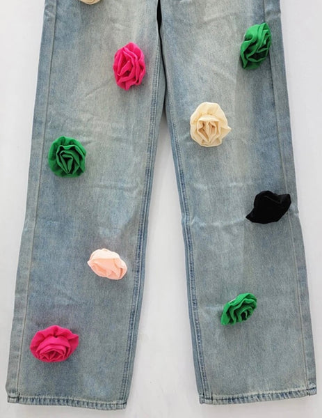 Women Fashion Multicolored Floral Denim Pants