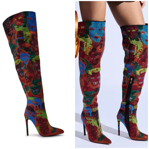 Women Fashion Multicolored Printed Rhinestone Knee High Boots