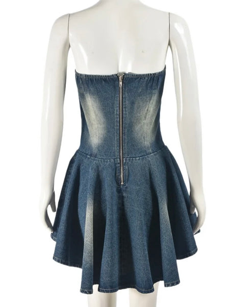 Women Sexy Strapless Lace Up Denim Ruffled Dress
