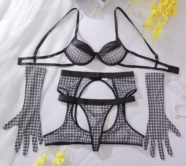Women Sexy B&W Plaid Mesh Glove Lingerie Set