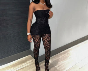 Women Sexy Strapless Lace Two Piece Feet In Pant Set