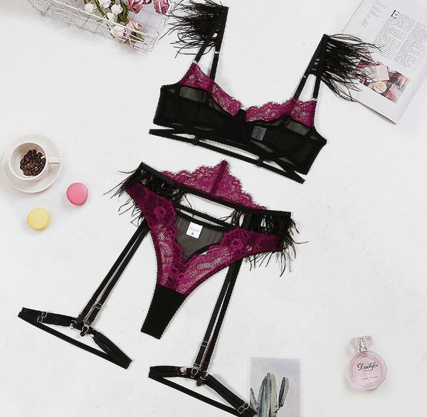 Women Sexy Color Patchwork Lace Feather Lingerie Set