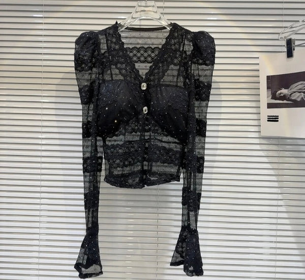 Women Full Sleeve Button Up Lace Mesh Top