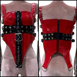 Women Red Sleeveless Fashion PU Leather Buckled Top