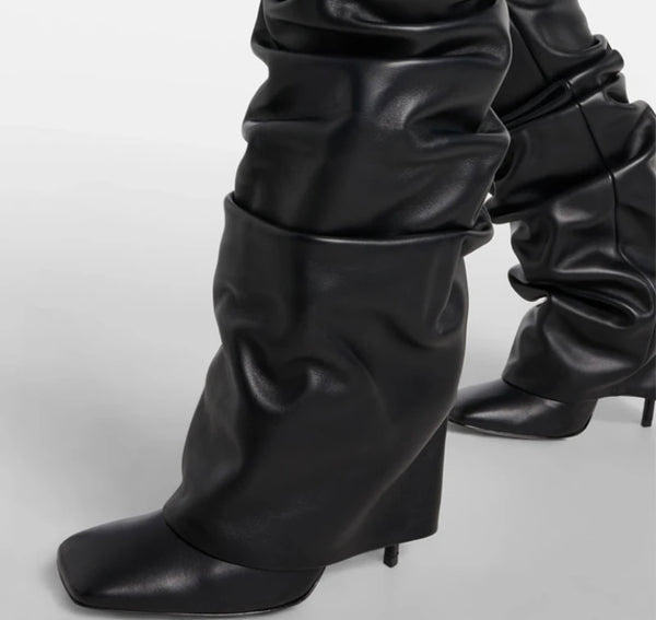 Women Fashion Faux Leather Black Ruched Knee High Boots