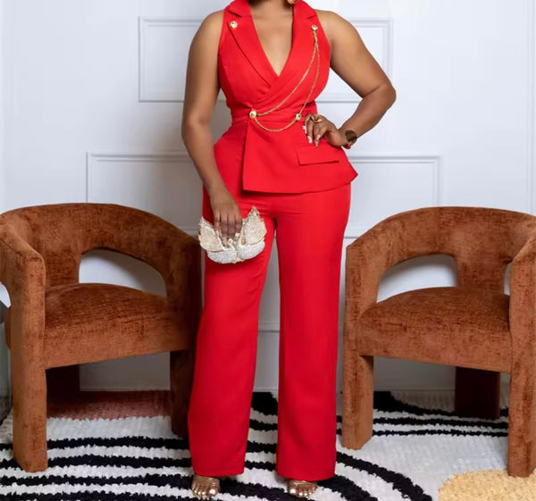 Women Sleeveless Chain Solid Color Fashion Jumpsuit