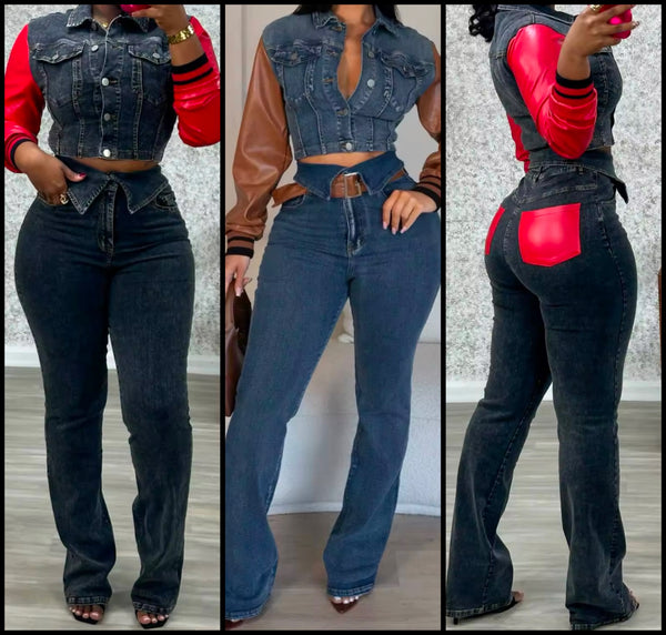 Women Fashion Faux Leather Patchwork Denim Two Piece Pant Set