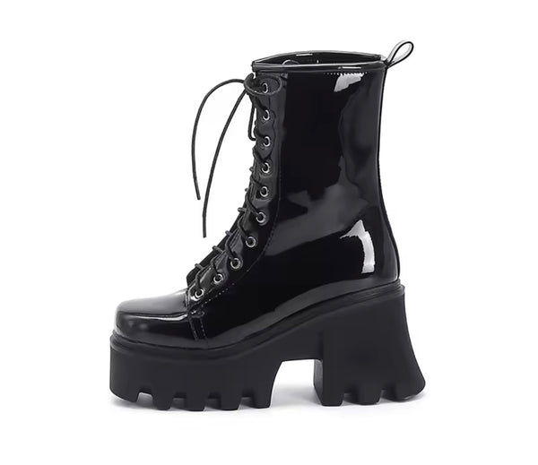 Women Fashion Patent Leather Lace Up Platform Ankle Boots
