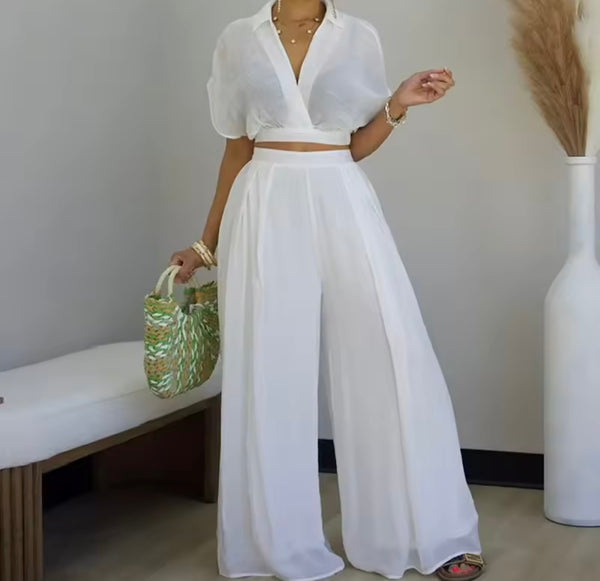 Women Color Short Sleeve Fashion Two Piece Wide Leg Pant Set