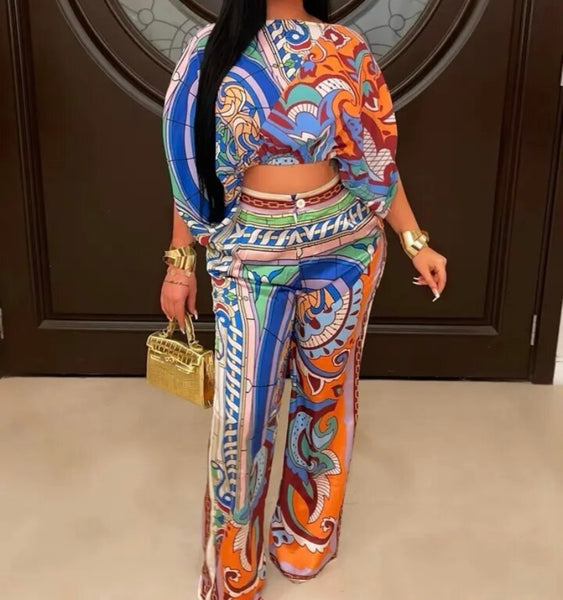 Women Sexy Fashion Full Sleeve Multicolored Print Two Piece Pant Set