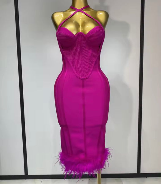 Women Pink Halter Sleeveless Sexy Feather Bandage Dress