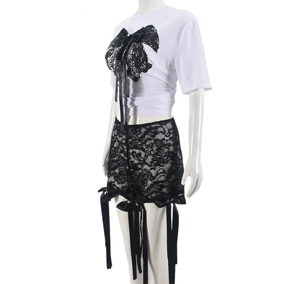 Women Sexy Fashion Short Sleeve Bow Lace Two Piece Short Set