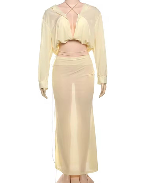 Women Sexy Yellow Full Sleeve Mesh Two Piece Maxi Skirt Set