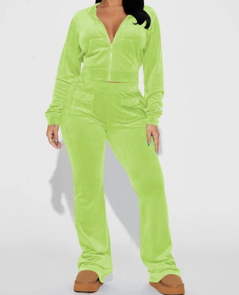 Women Solid Color Hooded Velour Two Piece Tracksuit Pant Set
