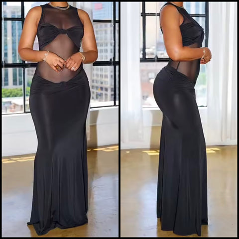 Women Sexy Sleeveless Mesh Patchwork Black Maxi Dress