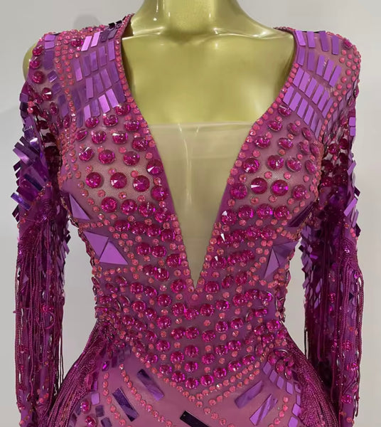 Women Sexy Crystal Mirror Mesh Full Sleeve Tassel Dress