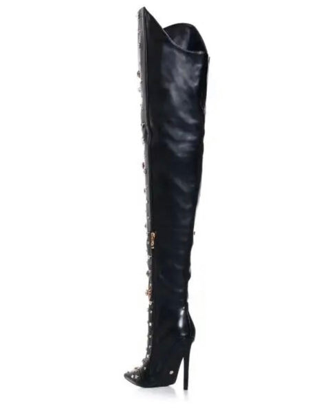 Women Pointed Toe Fashion Faux Leather Rivet Thigh High Boots