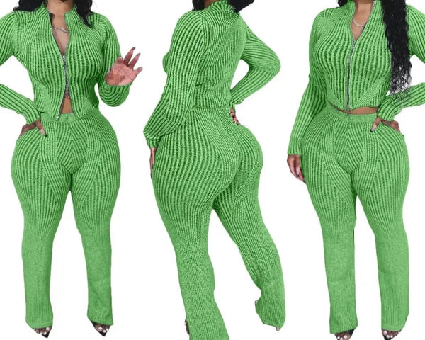 Women Fashion Solid Color Zip Up Full Sleeve Two Piece Pant Set