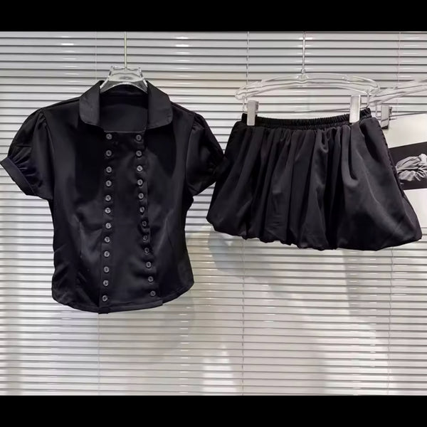 Women Collar Rivet Short Sleeve Black Two Piece Skirt Set