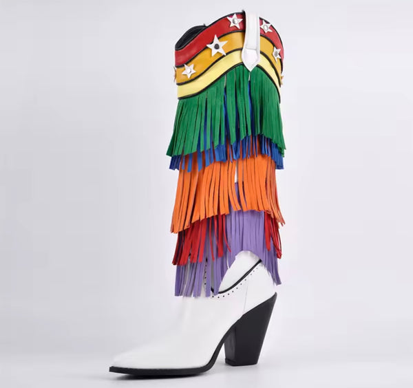Women White Multicolored Fringe Tassel Knee High Western Boots
