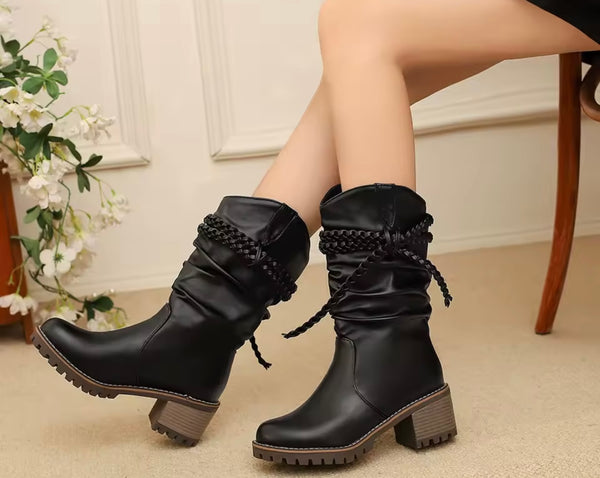 Women Fashion Ruched Rope Faux Leather Ankle Boots