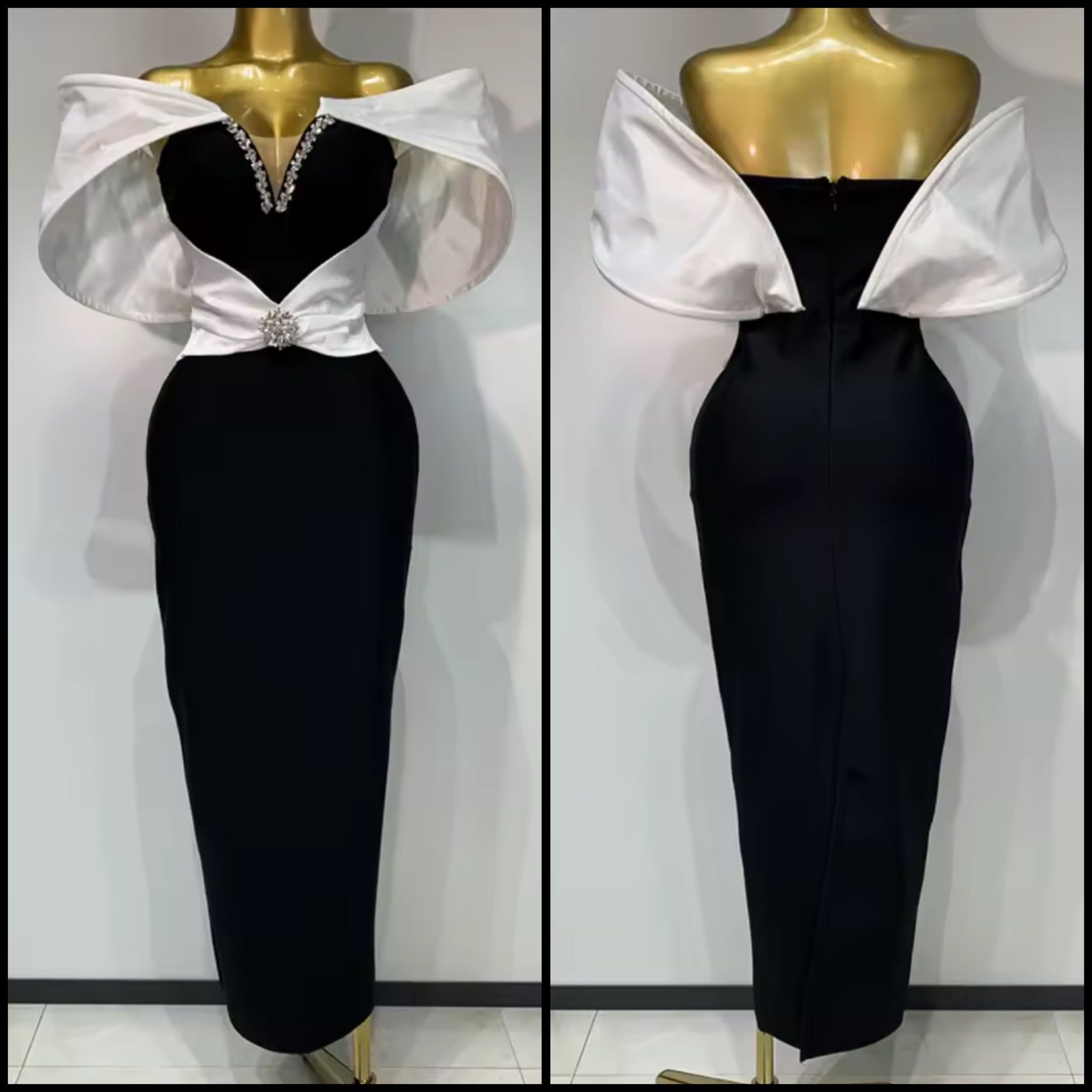 Women Sexy Strapless B&W Rhinestone Maxi Dress